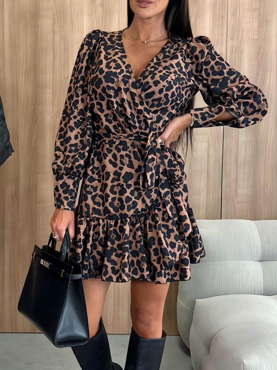 Tied Leopard Surplice Long Sleeve Dress-TOPS / DRESSES-[Adult]-[Female]-2022 Online Blue Zone Planet