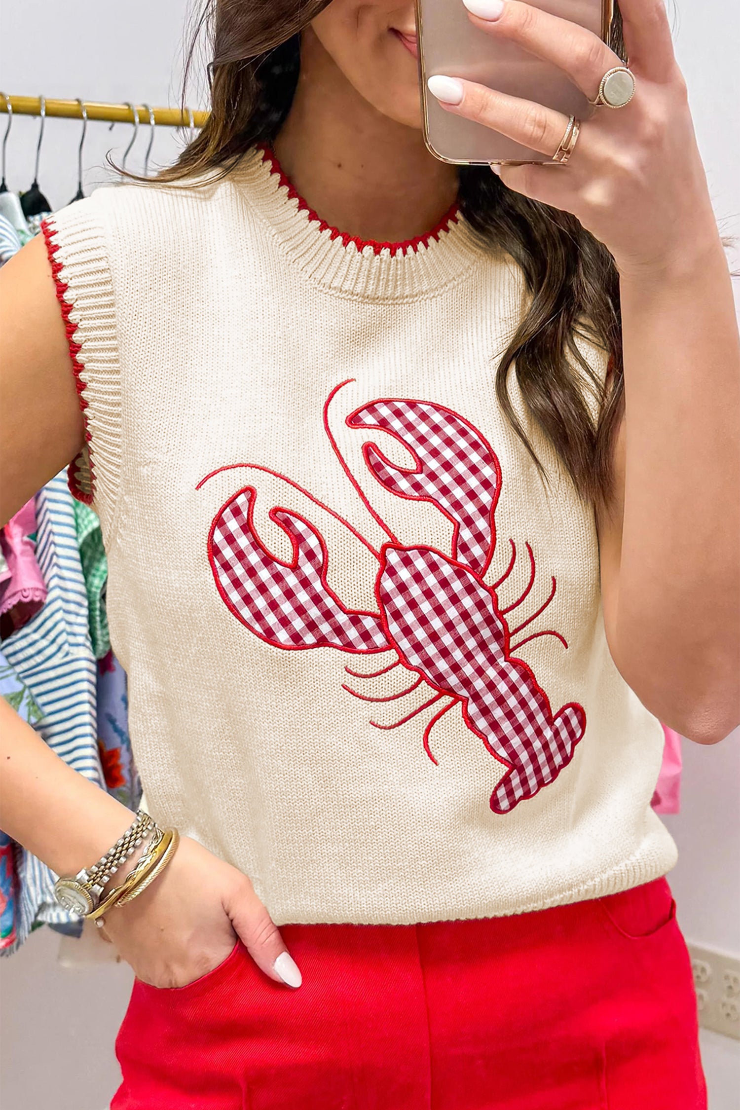 Beige Plaid Crawfish Crew Neck Knit Sweater Vest-Sweaters & Cardigans/Sweater Vests-[Adult]-[Female]-Beige-S-2022 Online Blue Zone Planet