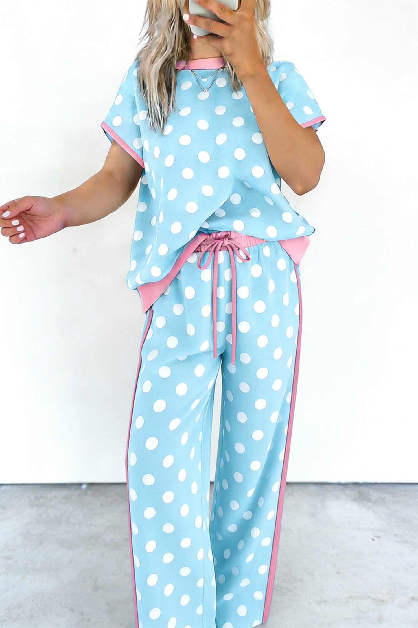 Sky Blue Polka Dot Short Sleeve Top and Pants Set-Two Piece Sets/Pant Sets-[Adult]-[Female]-Sky Blue-S-2022 Online Blue Zone Planet