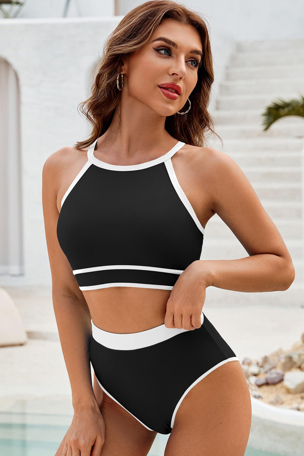 Black Contrast Trim Crisscross Back High Waisted Bikini Blue Zone Planet