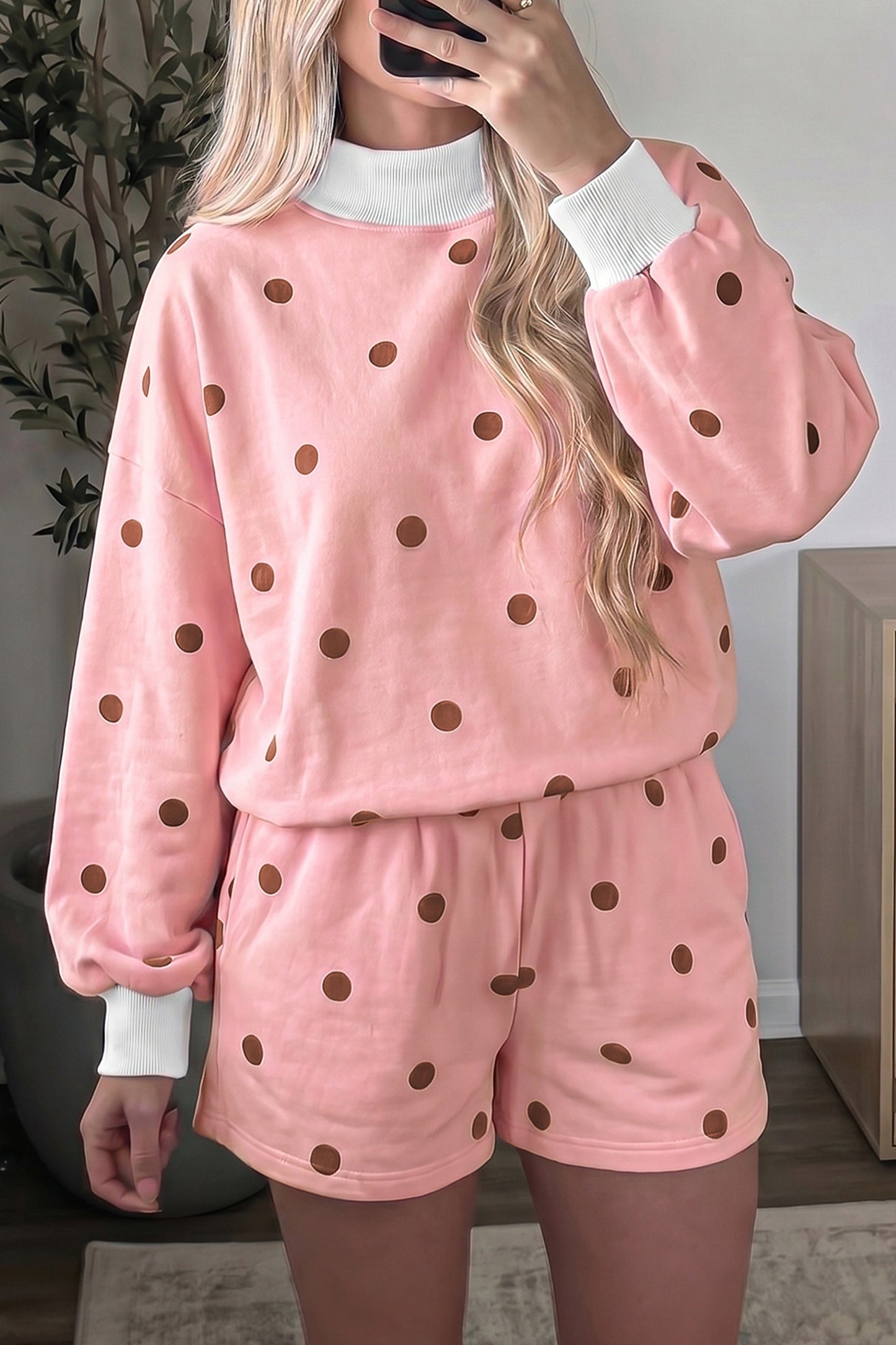 Brown Polka Dot Ribbed Trim Long Sleeve Top Casual Short Set