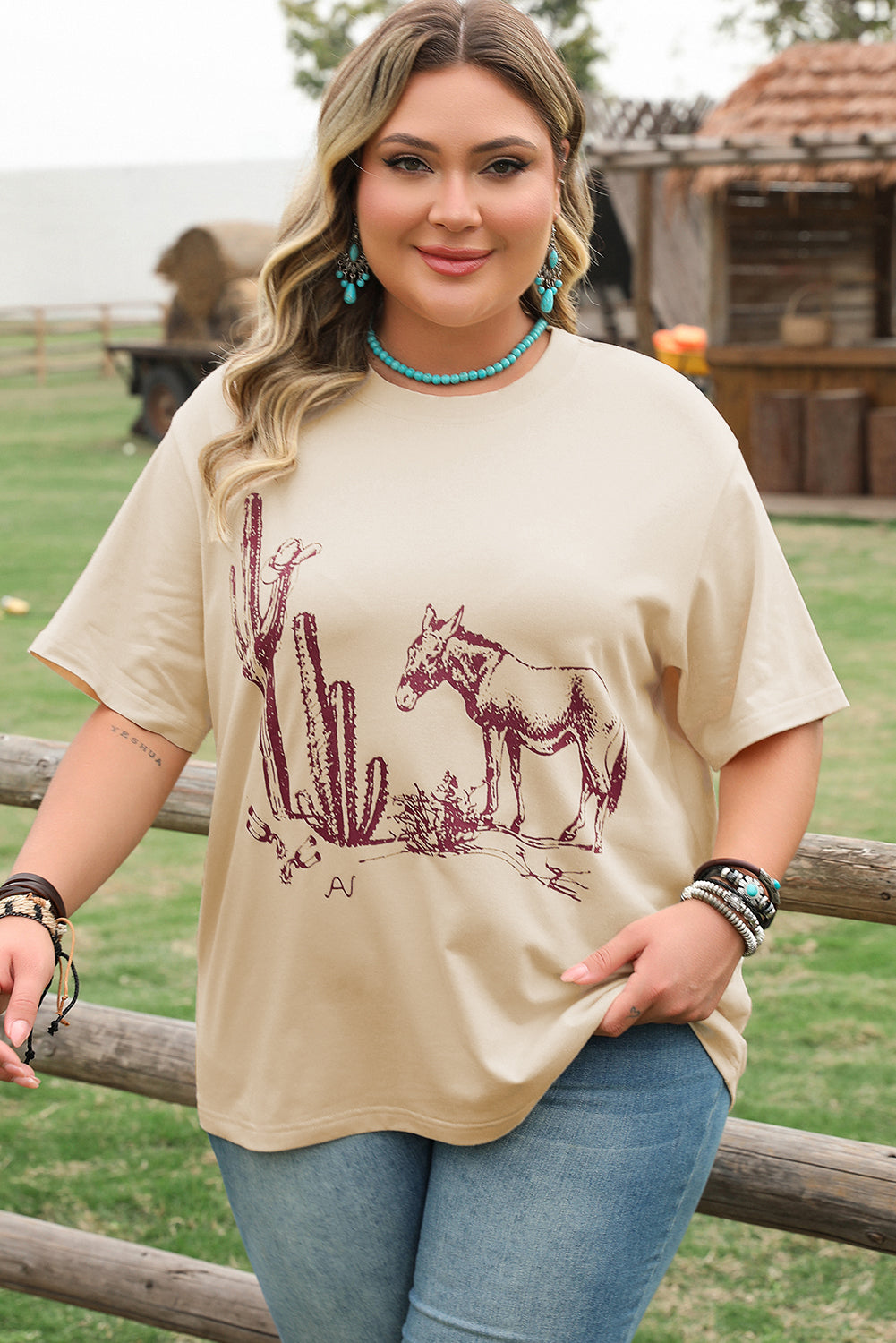 Parchment Western Burro Cactus Crew Neck Graphic Tee-Plus Size/Plus Size Tops/Plus Size Tops & Tees-[Adult]-[Female]-2022 Online Blue Zone Planet