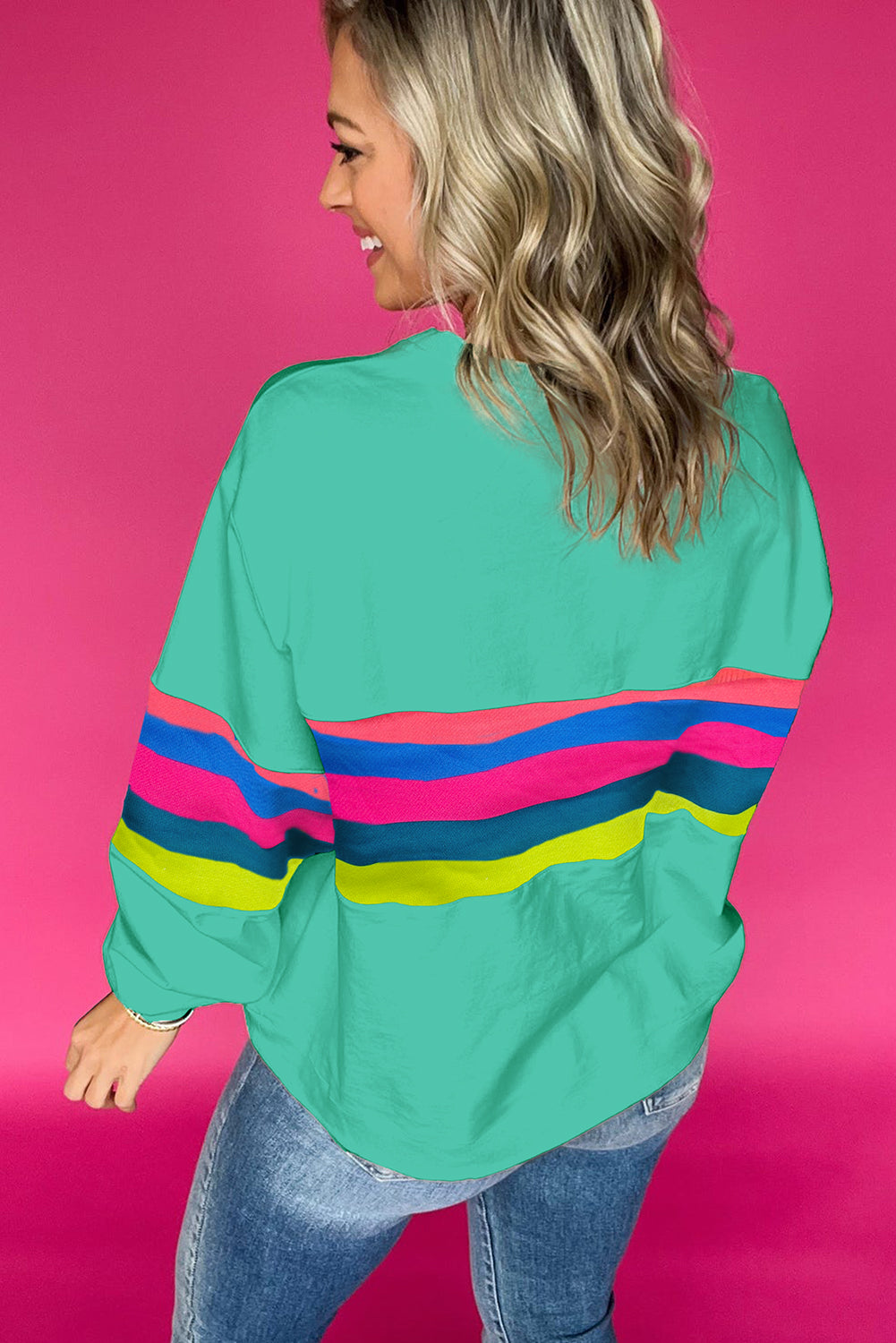 Green Colorful Striped Accent Long Sleeve T Shirt-Tops/Long Sleeve Tops-[Adult]-[Female]-2022 Online Blue Zone Planet