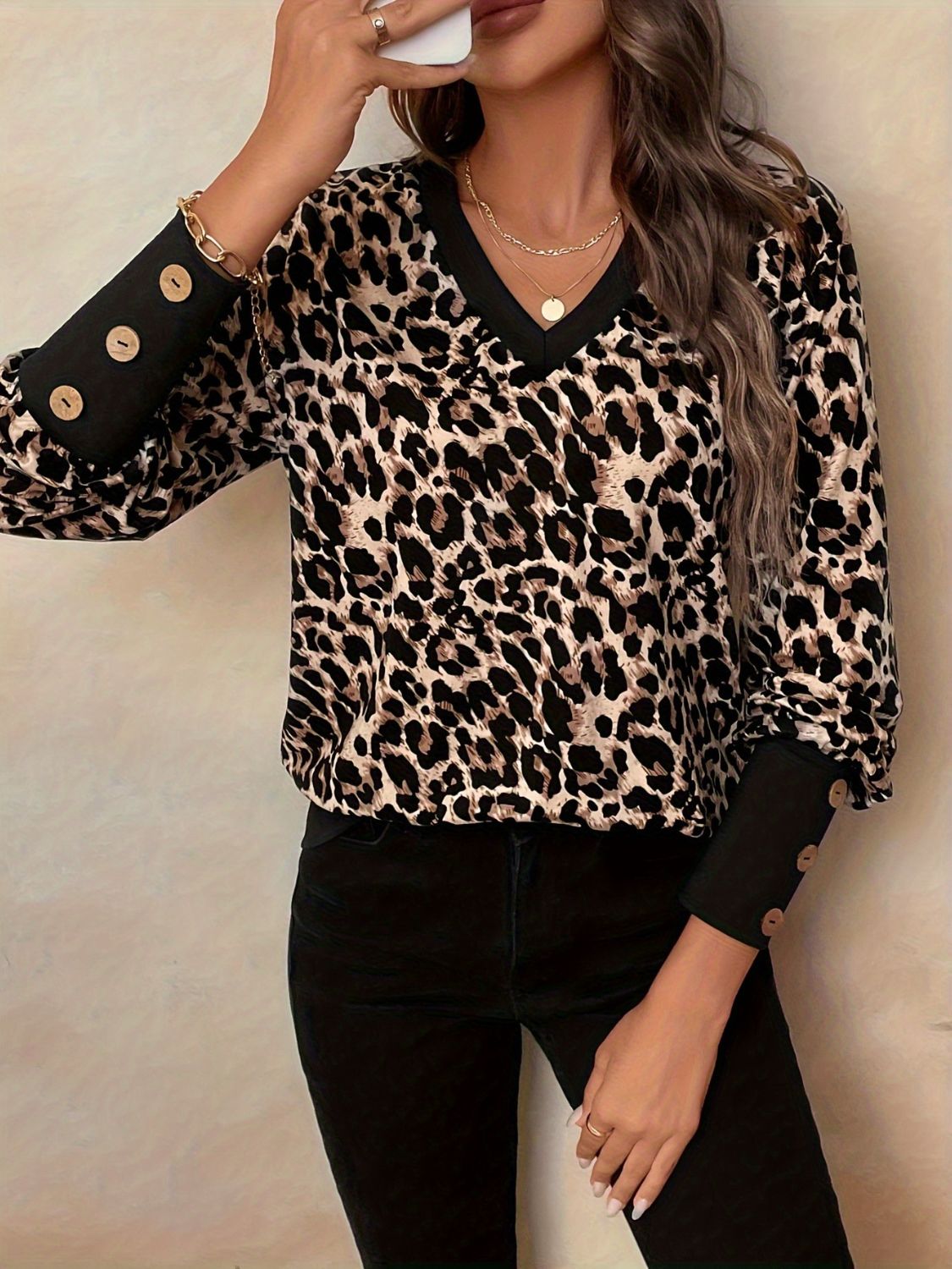 Blue Zone Planet | Decorative Button Leopard V-Neck Long Sleeve T-Shirt-TOPS / DRESSES-[Adult]-[Female]-2022 Online Blue Zone Planet