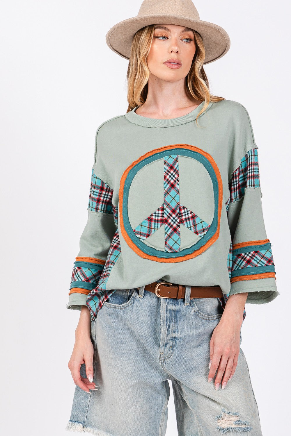 Blue Zone Planet | SAGE + FIG Peace Applique Patch Contrast Plaid Top-TOPS / DRESSES-[Adult]-[Female]-2022 Online Blue Zone Planet