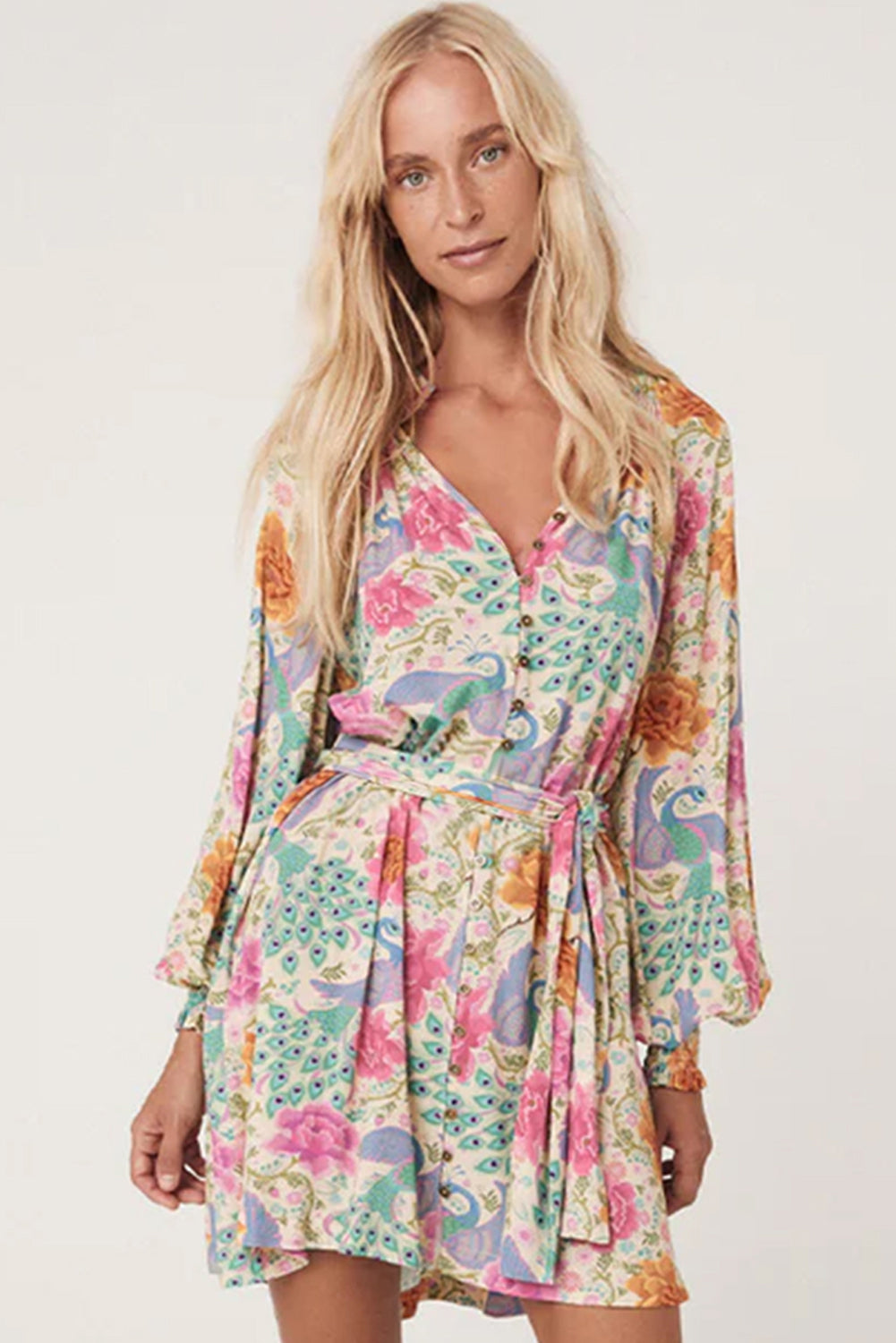 Blue Zone Planet | Multicolour Floral Print Bubble Sleeve Buttoned V Neck Mini Dress-TOPS / DRESSES-[Adult]-[Female]-2022 Online Blue Zone Planet