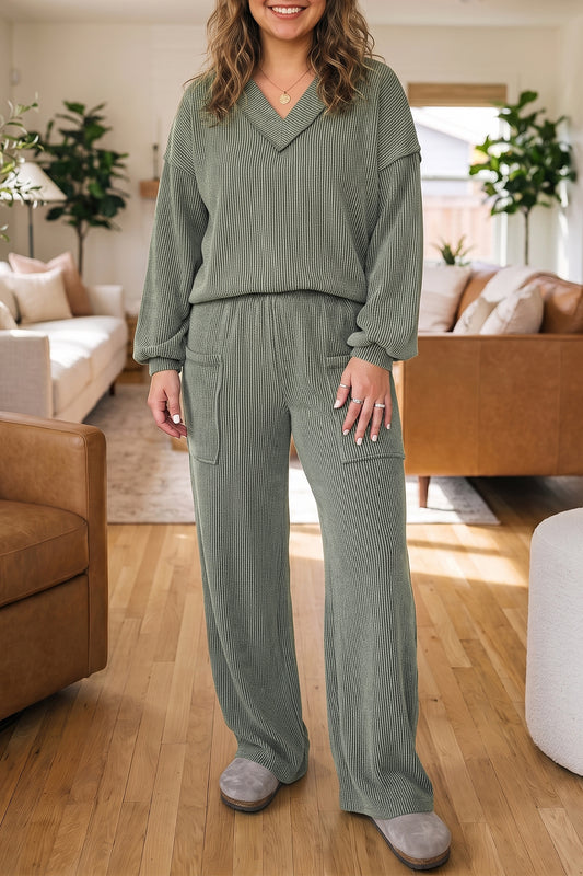 Four Leaf Clover Twisted Ribbed Exposed Seam Detail V Neck Pullover Plus Size Pant Set-Plus Size/Plus Size Loungewear-[Adult]-[Female]-Four Leaf Clover-1X-2022 Online Blue Zone Planet
