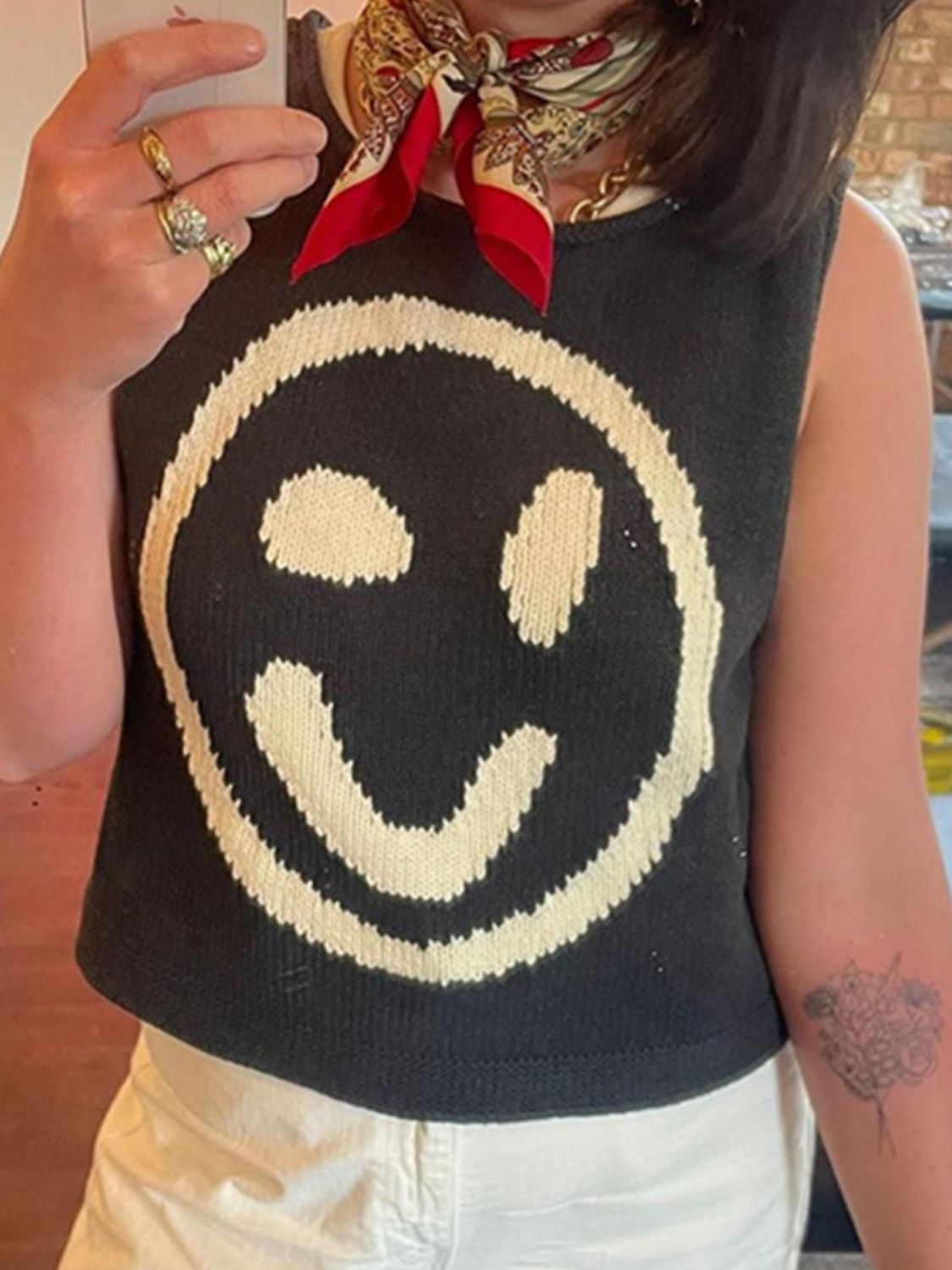 Smiley Round Neck Sweater Vest-TOPS / DRESSES-[Adult]-[Female]-2022 Online Blue Zone Planet