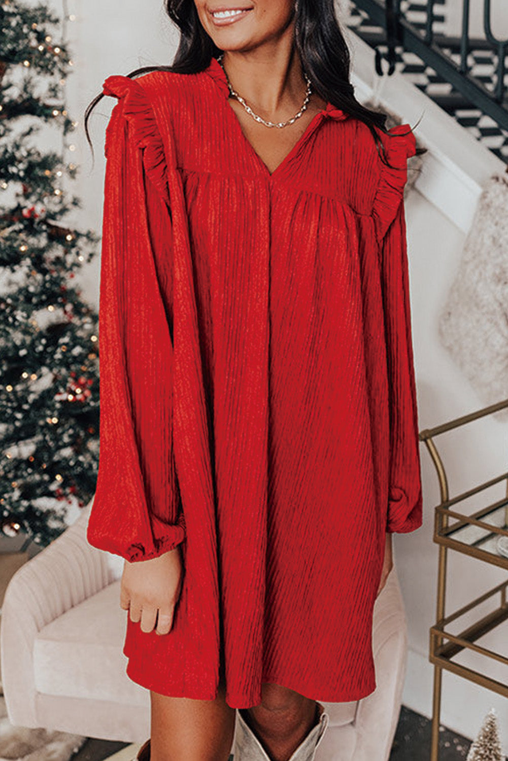 loose fitting red dress Fiery Red Textured Ruffled Trim V Neck Loose Fit Mini Dress
