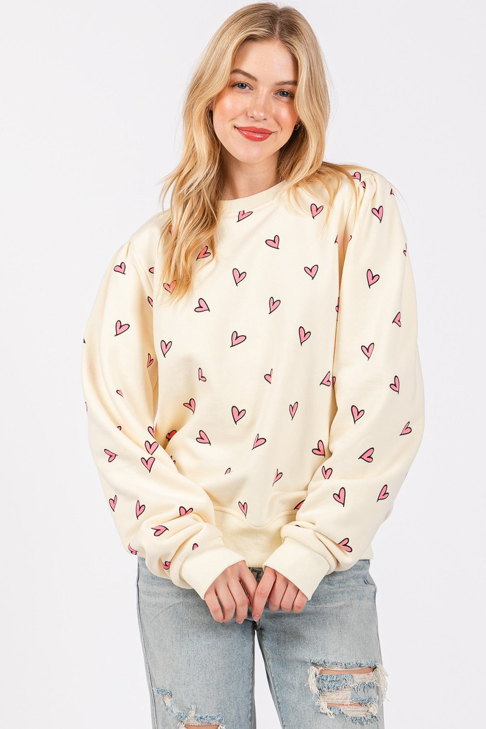 SAGE + FIG Heart Printed Contrast Long Sleeve Sweatshirt-TOPS / DRESSES-[Adult]-[Female]-2022 Online Blue Zone Planet