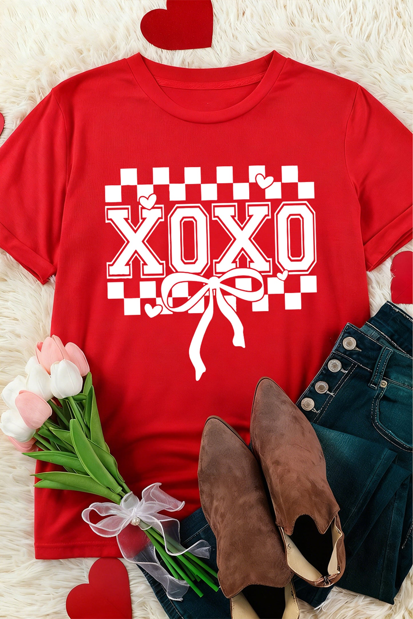 Red Xoxo Checkered Ribbon Bow Print Valentines Day T Shirt-Graphic Tees-[Adult]-[Female]-2022 Online Blue Zone Planet