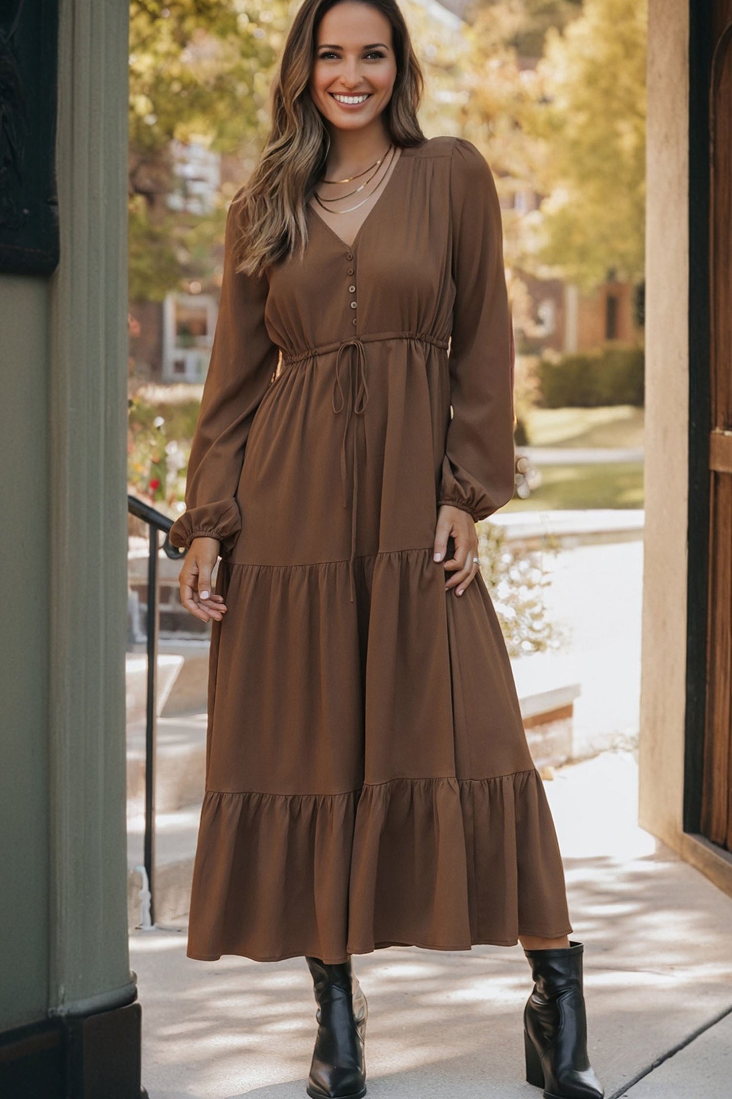 Chestnut Solid Long Sleeve Button V Neck Tiered Maxi Dress-Dresses/Maxi Dresses-[Adult]-[Female]-2022 Online Blue Zone Planet