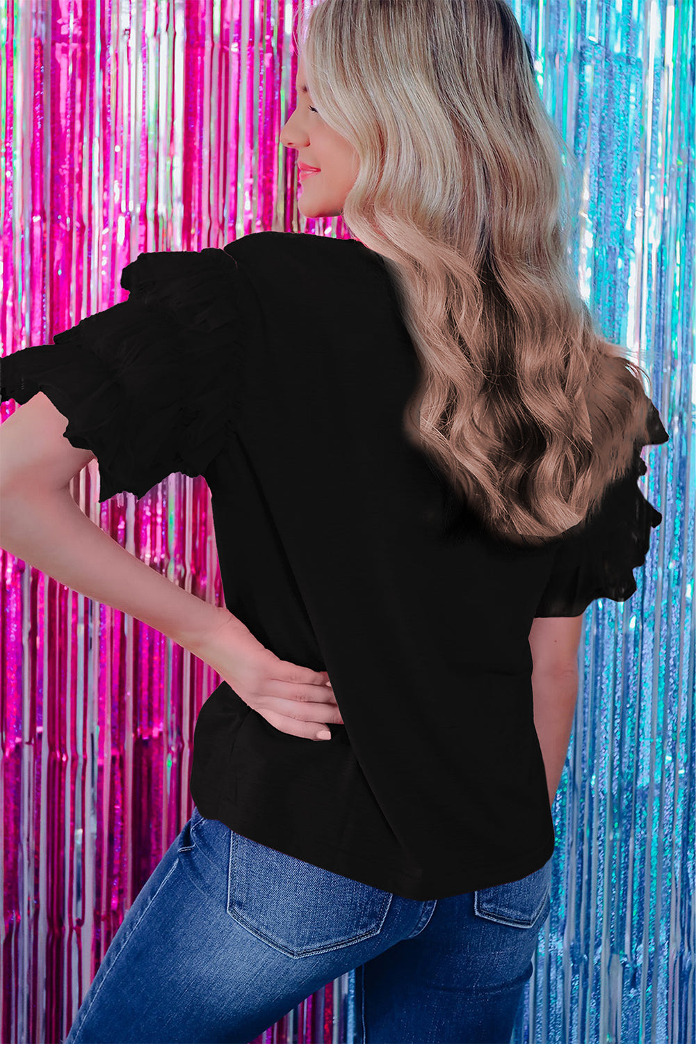 Dark Green Tulle Ruffle Sleeve Blouse-Tops/Blouses & Shirts-[Adult]-[Female]-2022 Online Blue Zone Planet