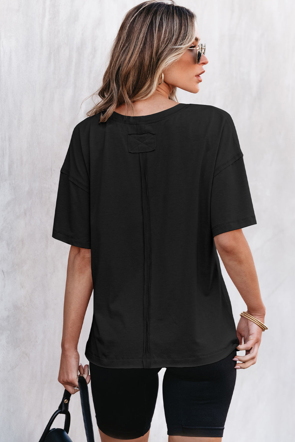 Black Raw Seam Patchwork Drop Shoulder Oversize T Shirt-Tops/Tops & Tees-[Adult]-[Female]-2022 Online Blue Zone Planet
