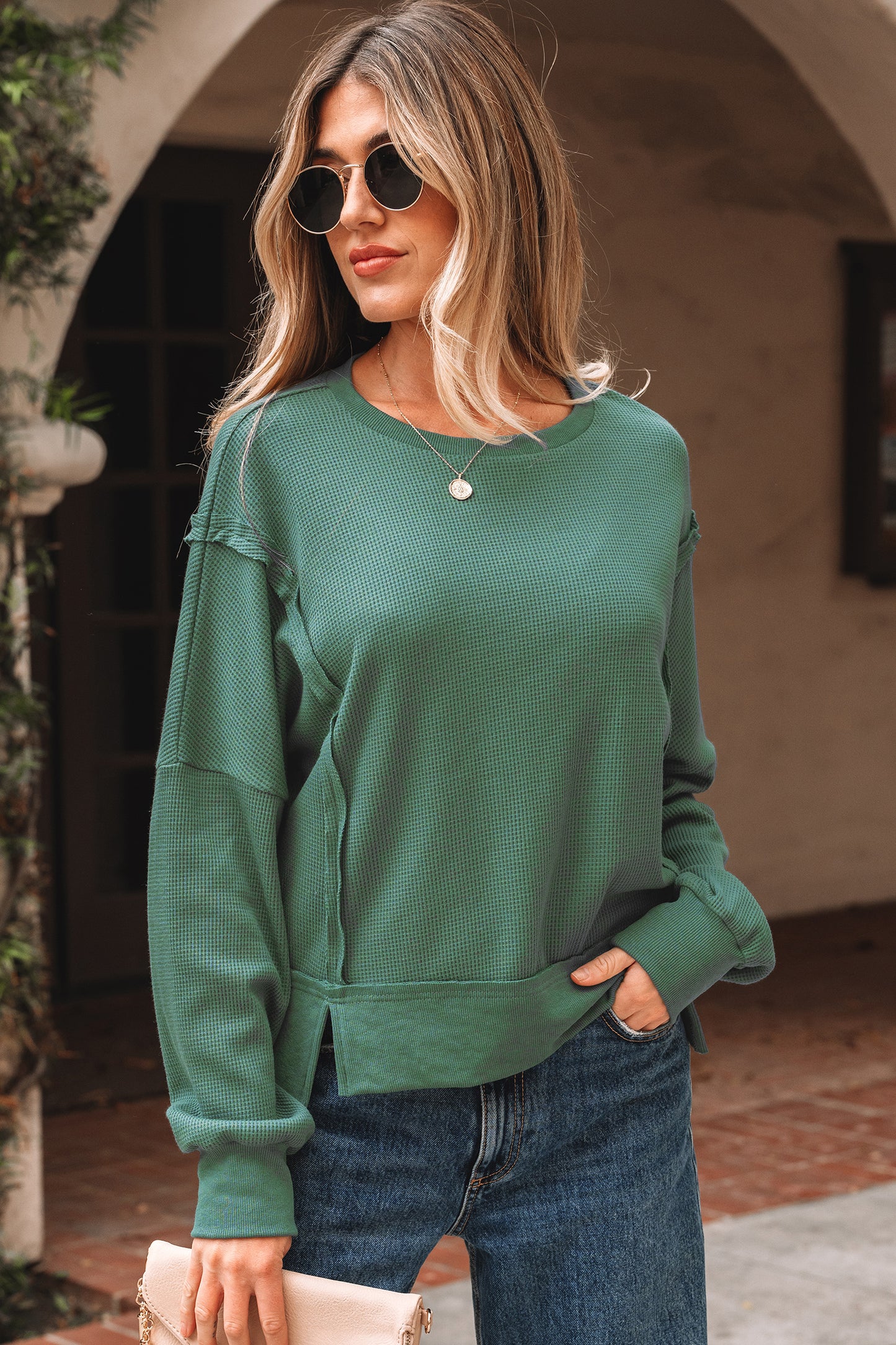Evergreen Solid Color Raw Seam Patchwork Ribbed Drop Shoulder Sweatshirt-Tops/Sweatshirts & Hoodies-[Adult]-[Female]-2022 Online Blue Zone Planet