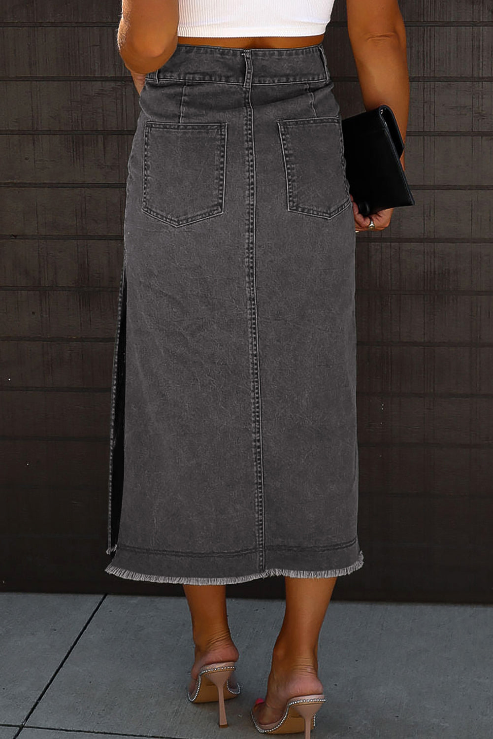 Black Raw Edge Side Slits Buttoned Midi Denim Skirt-Bottoms/Skirts & Petticoat-[Adult]-[Female]-2022 Online Blue Zone Planet