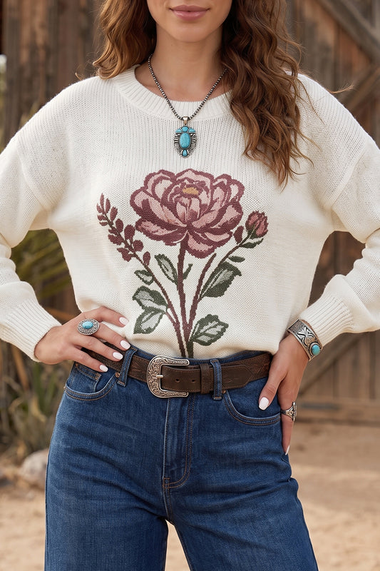 White Western Floral Dropped Shoulder Lightweight Knit Sweater-Sweaters & Cardigans/Sweaters-[Adult]-[Female]-White-S-2022 Online Blue Zone Planet