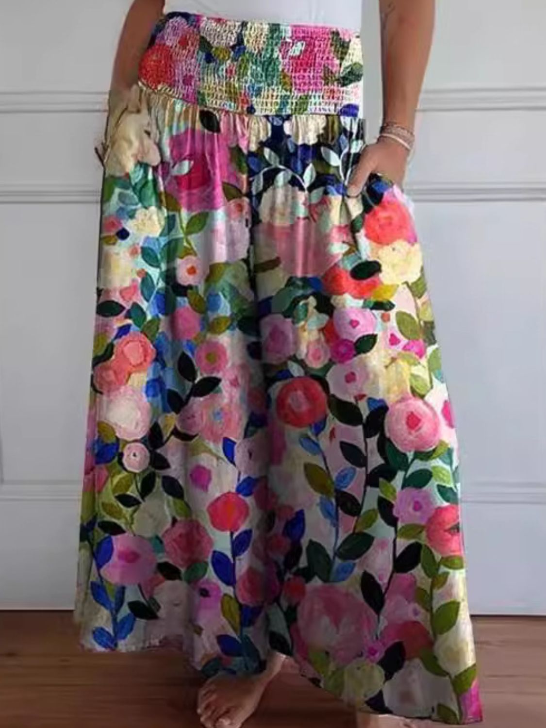 Full Size Smocked Wide Leg Pants with Pockets-BOTTOMS SIZES SMALL MEDIUM LARGE-[Adult]-[Female]-Floral-S-2022 Online Blue Zone Planet