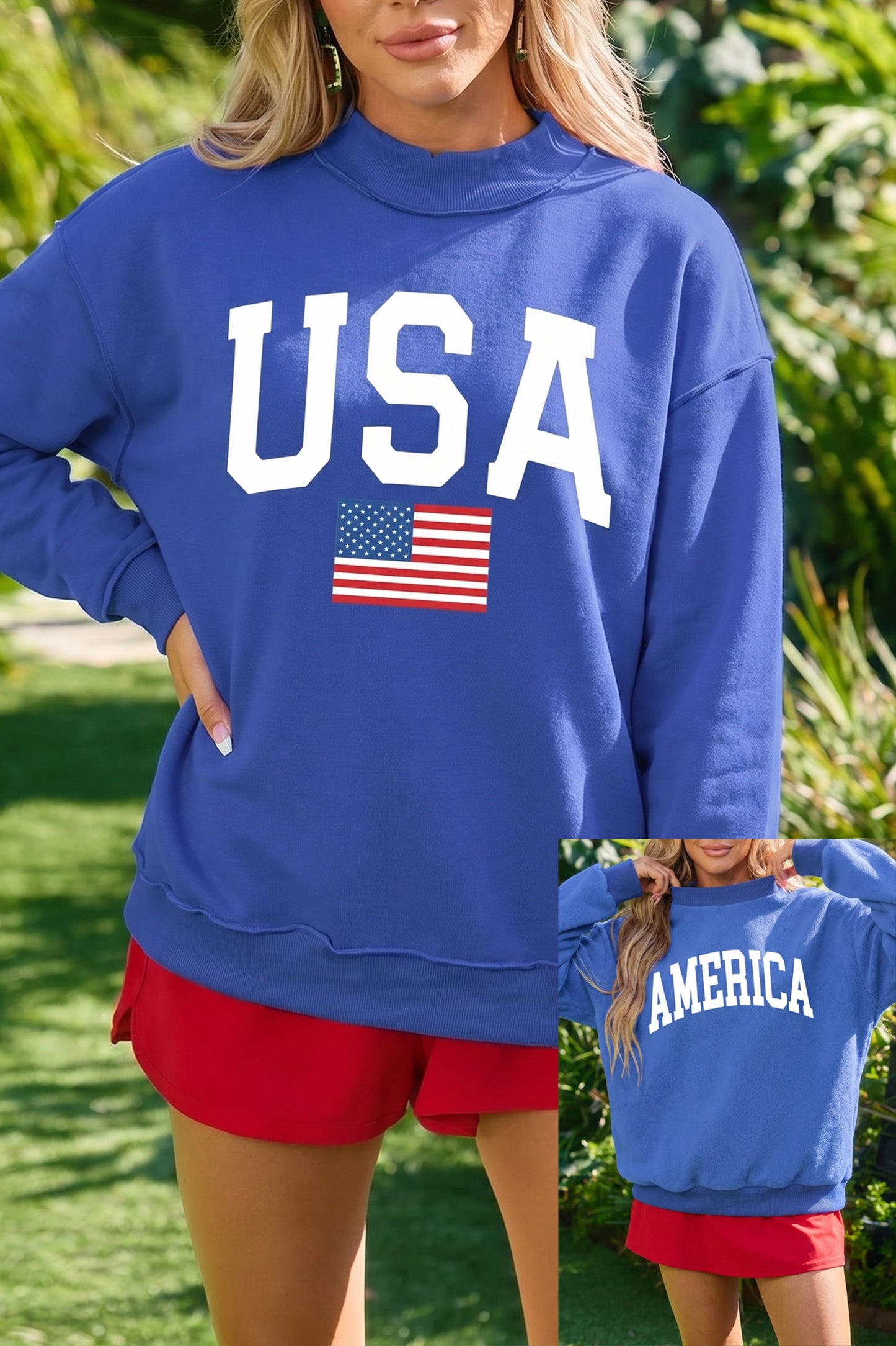 Racing Red Mock Neck Reversible USA/America Graphic Sweatshirt-Graphic/Graphic Sweatshirts-[Adult]-[Female]-Dark Blue-S-2022 Online Blue Zone Planet