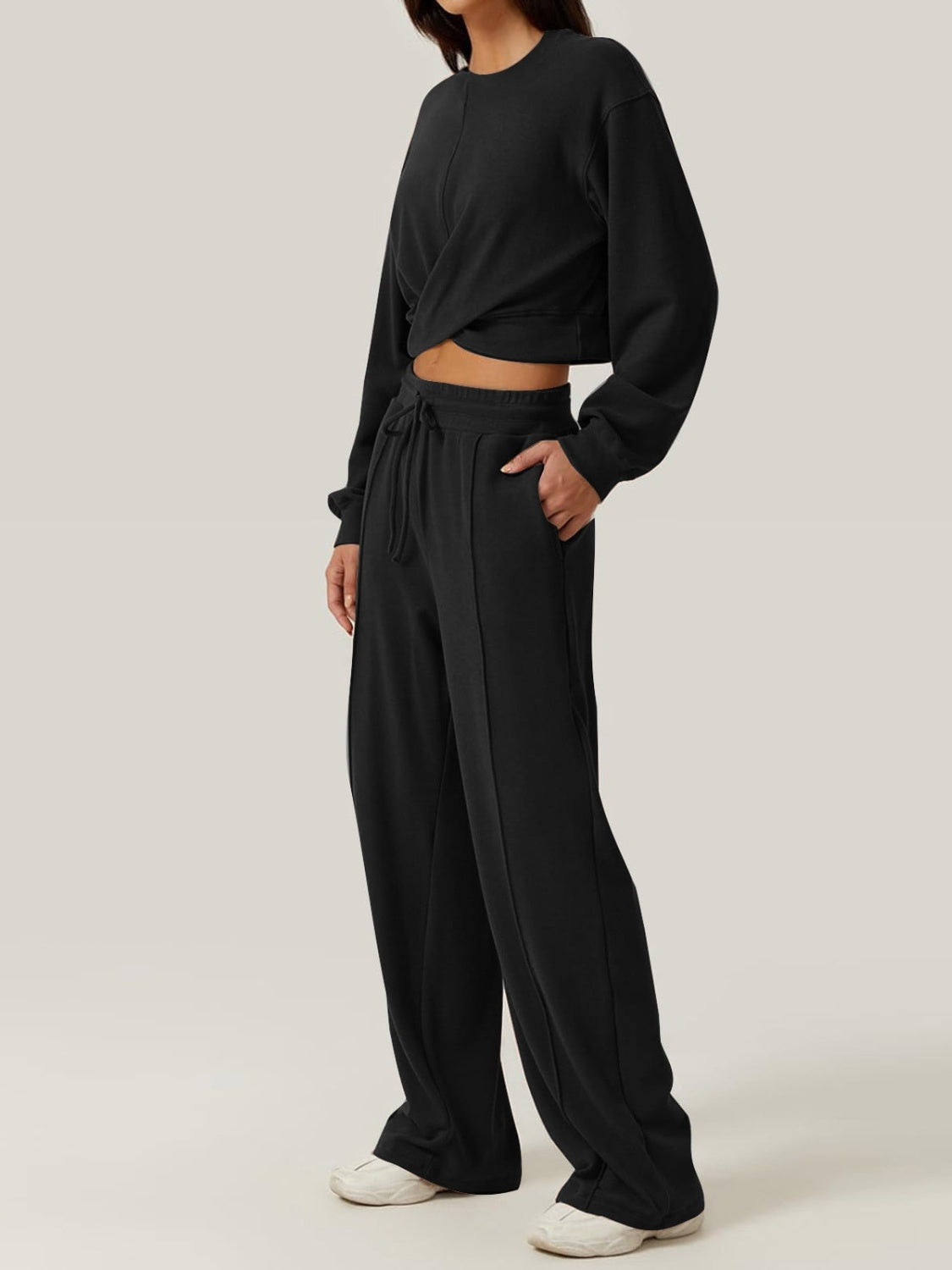 Crisscross Round Neck Top and Drawstring Pants Set-BOTTOMS SIZES SMALL MEDIUM LARGE-[Adult]-[Female]-Black-S-2022 Online Blue Zone Planet