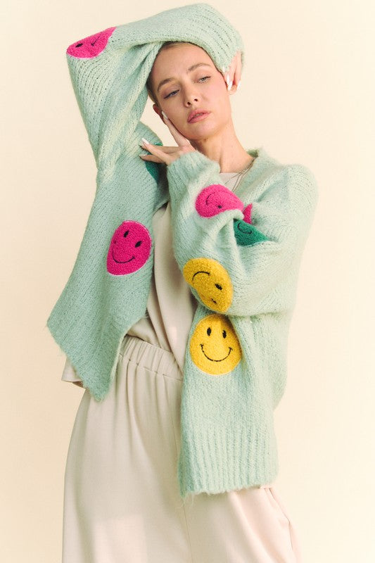Davi & Dani Fuzzy Smile Open Front Long Sleeve Cardigan-TOPS / DRESSES-[Adult]-[Female]-2022 Online Blue Zone Planet