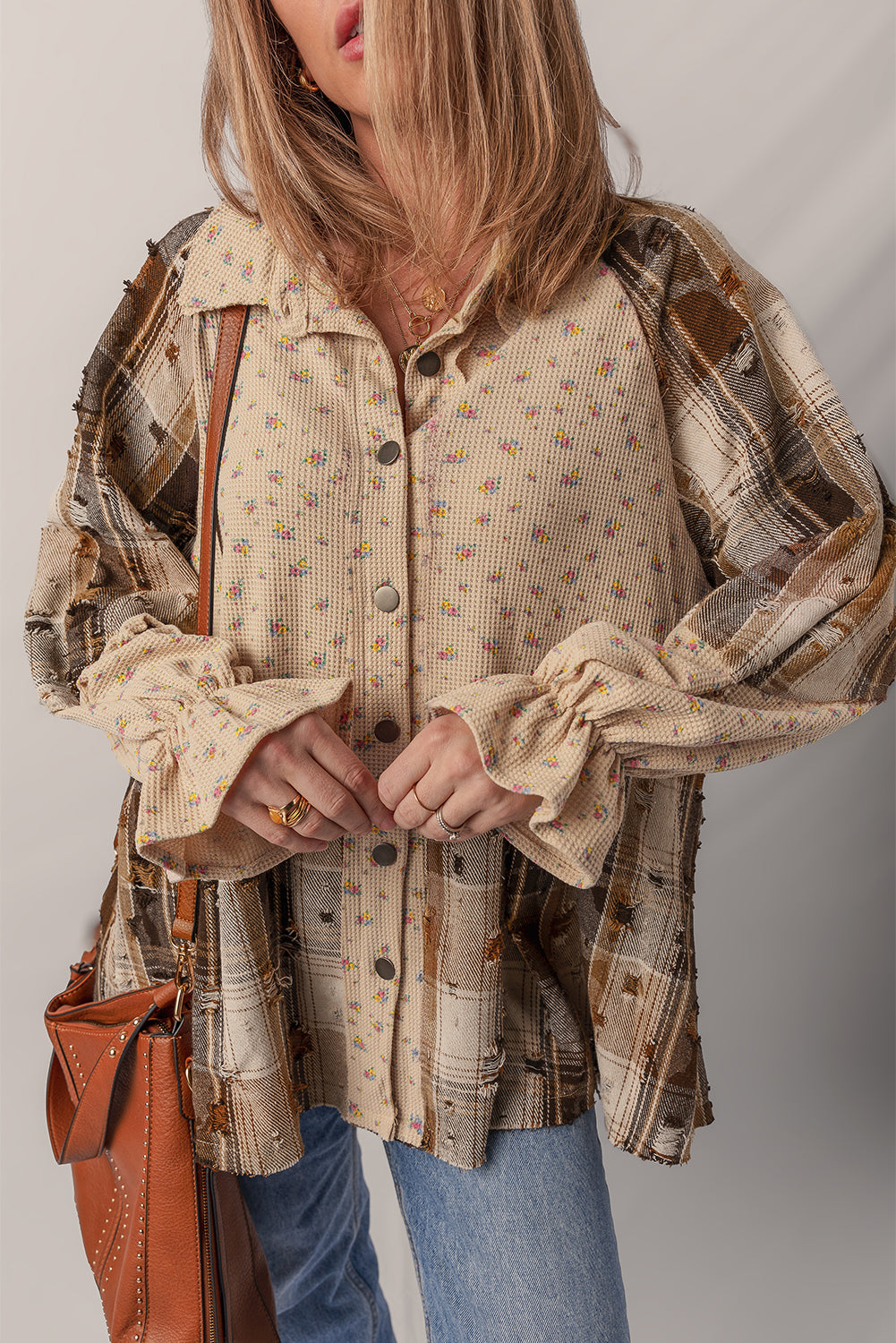 Oatmeal Boho Floral Plaid Patchwork Distressed Detail Ruffled Sleeve Waffle Knit Shacket-Outerwear/Jackets-[Adult]-[Female]-2022 Online Blue Zone Planet
