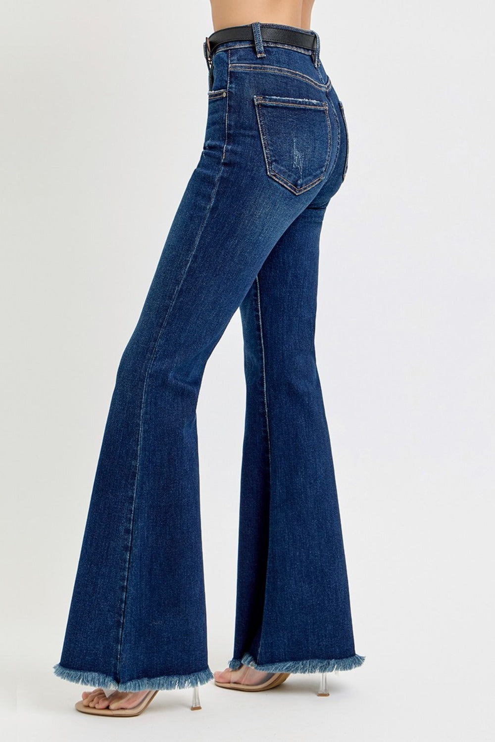 RISEN Tummy Control Frayed Hem Flare Jeans-BOTTOMS SIZES SMALL MEDIUM LARGE-[Adult]-[Female]-2022 Online Blue Zone Planet