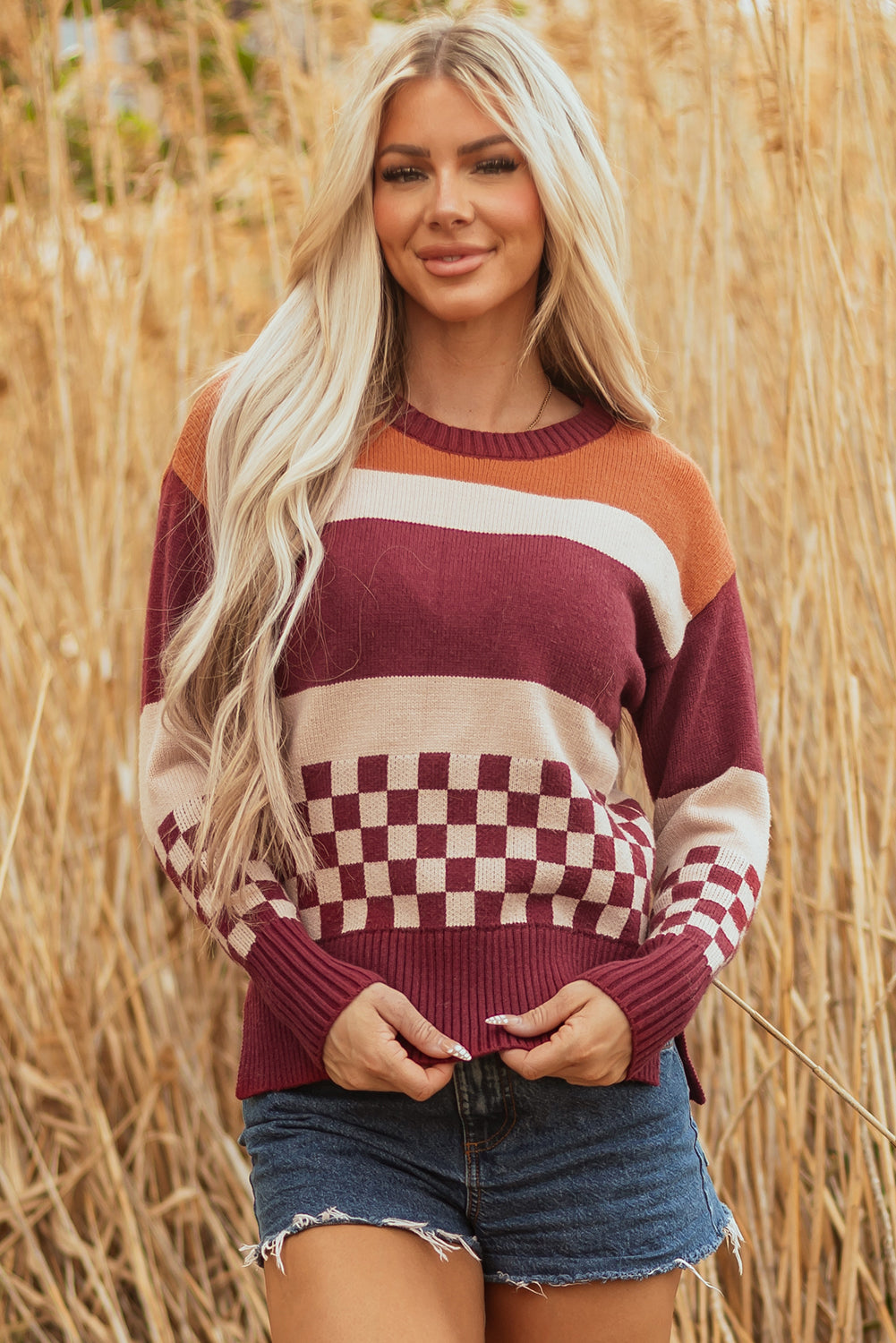 Brown Checkered Color Block Knitted Drop Shoulder Sweater-TOPS / DRESSES-[Adult]-[Female]-2022 Online Blue Zone Planet
