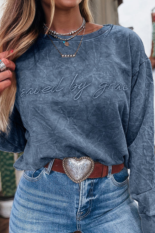 Real Teal Saved By Grace Letter Embroidery Mineral Wash Loose Sweatshirt-Tops/Sweatshirts & Hoodies-[Adult]-[Female]-Real Teal-S-2022 Online Blue Zone Planet