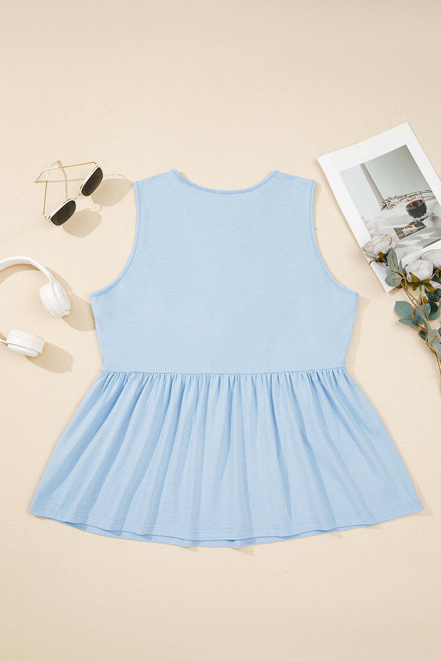 Beau Blue Plus Size Solid Color Bow Tie Peplum Tank Top-Plus Size/Plus Size Tops/Plus Size Tank Tops-[Adult]-[Female]-2022 Online Blue Zone Planet