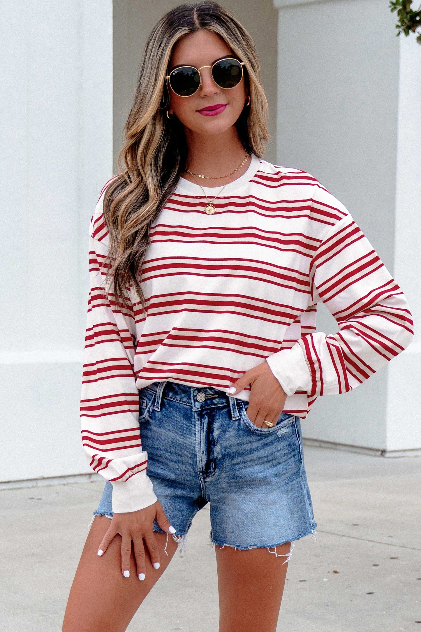 Red Stripe Dropped Shoulder Long Sleeve Casual Pullover Top-Tops/Long Sleeve Tops-[Adult]-[Female]-2022 Online Blue Zone Planet