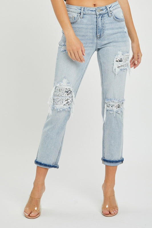 Blue Zone Planet | RISEN Mid-Rise Sequin Patched Jeans-TOPS / DRESSES-[Adult]-[Female]-Light-0-2022 Online Blue Zone Planet