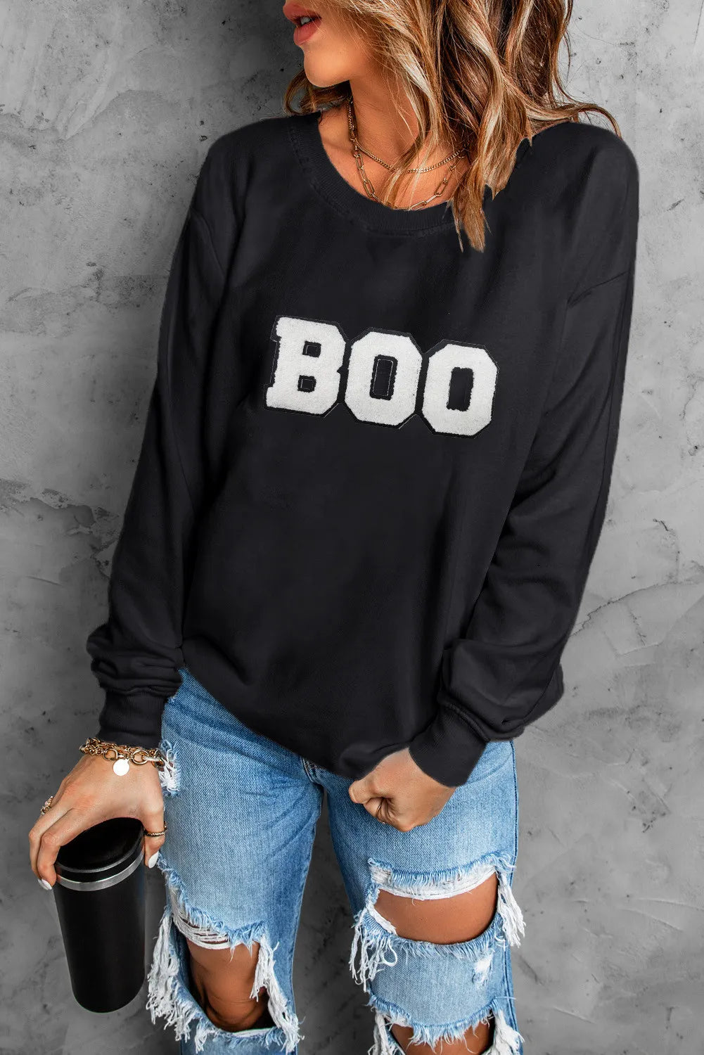 BOO Round Neck Long Sleeve Sweatshirt-TOPS / DRESSES-[Adult]-[Female]-2022 Online Blue Zone Planet