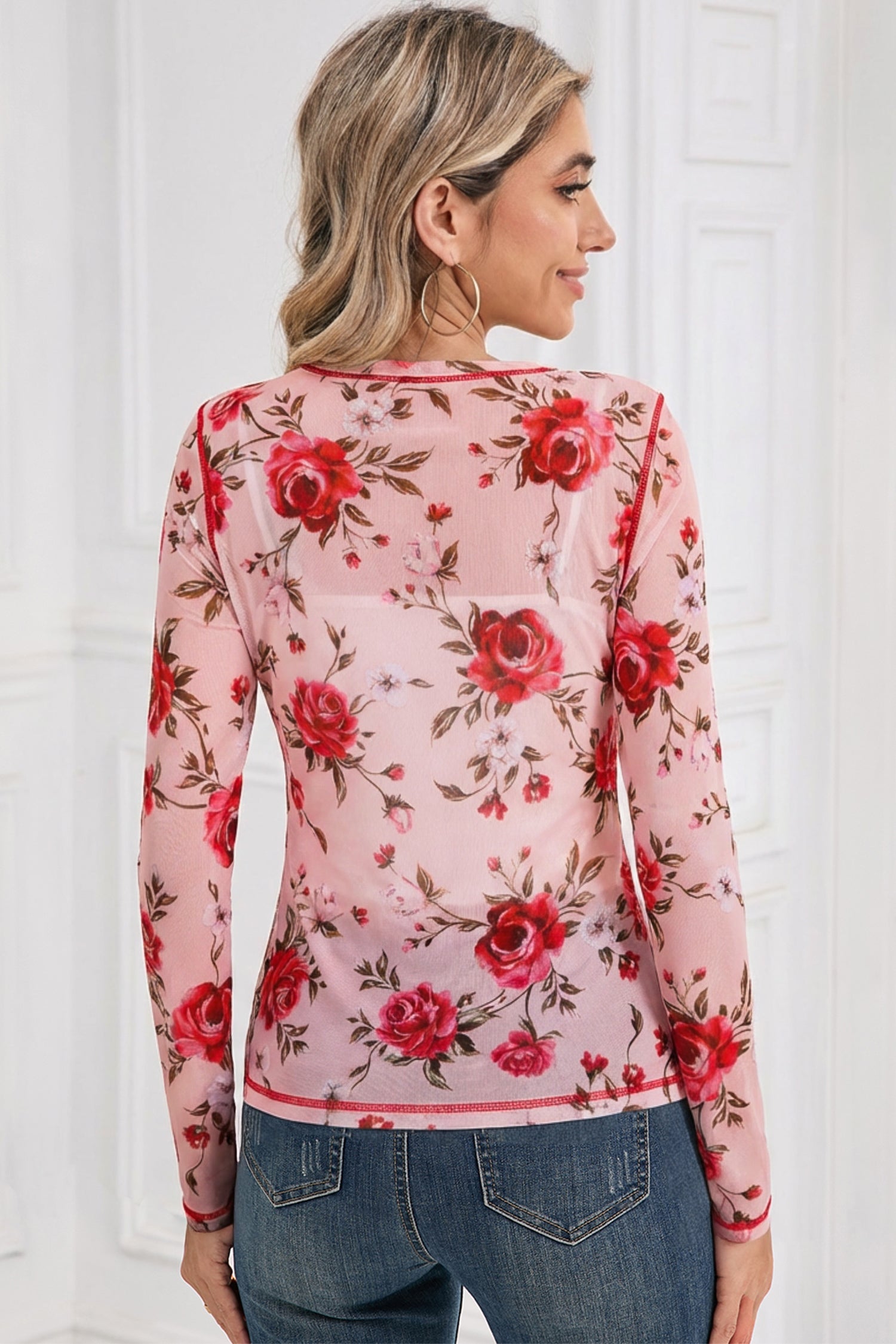 Pink Floral Print Exposed Seam Detail Mesh Long Sleeve Top-Tops/Long Sleeve Tops-[Adult]-[Female]-2022 Online Blue Zone Planet