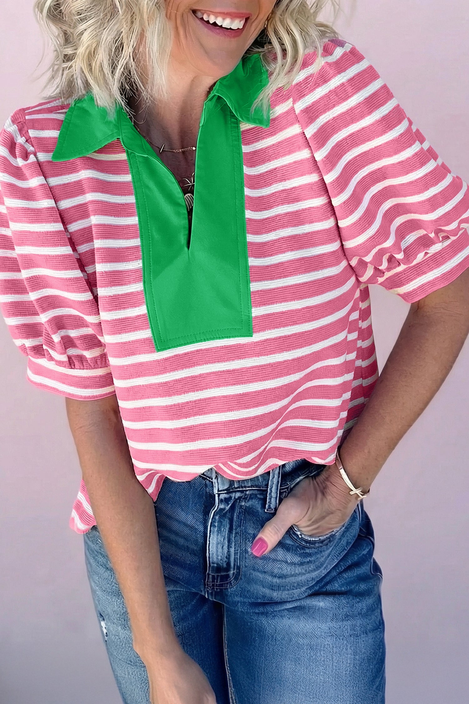 Pink Stripe Short Puff Sleeve Color Block Polo Collar Blouse-Tops/Blouses & Shirts-[Adult]-[Female]-Pink Stripe-S-2022 Online Blue Zone Planet