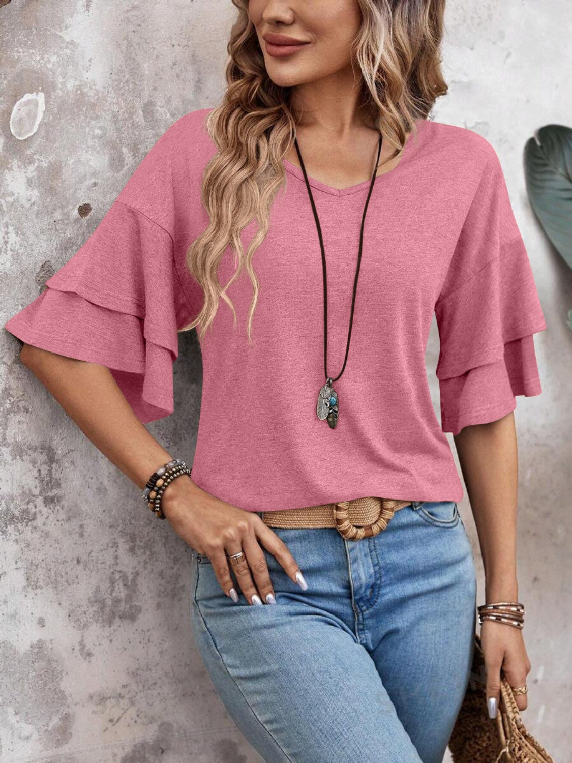 V-Neck Half Sleeve Blouse-TOPS / DRESSES-[Adult]-[Female]-2022 Online Blue Zone Planet