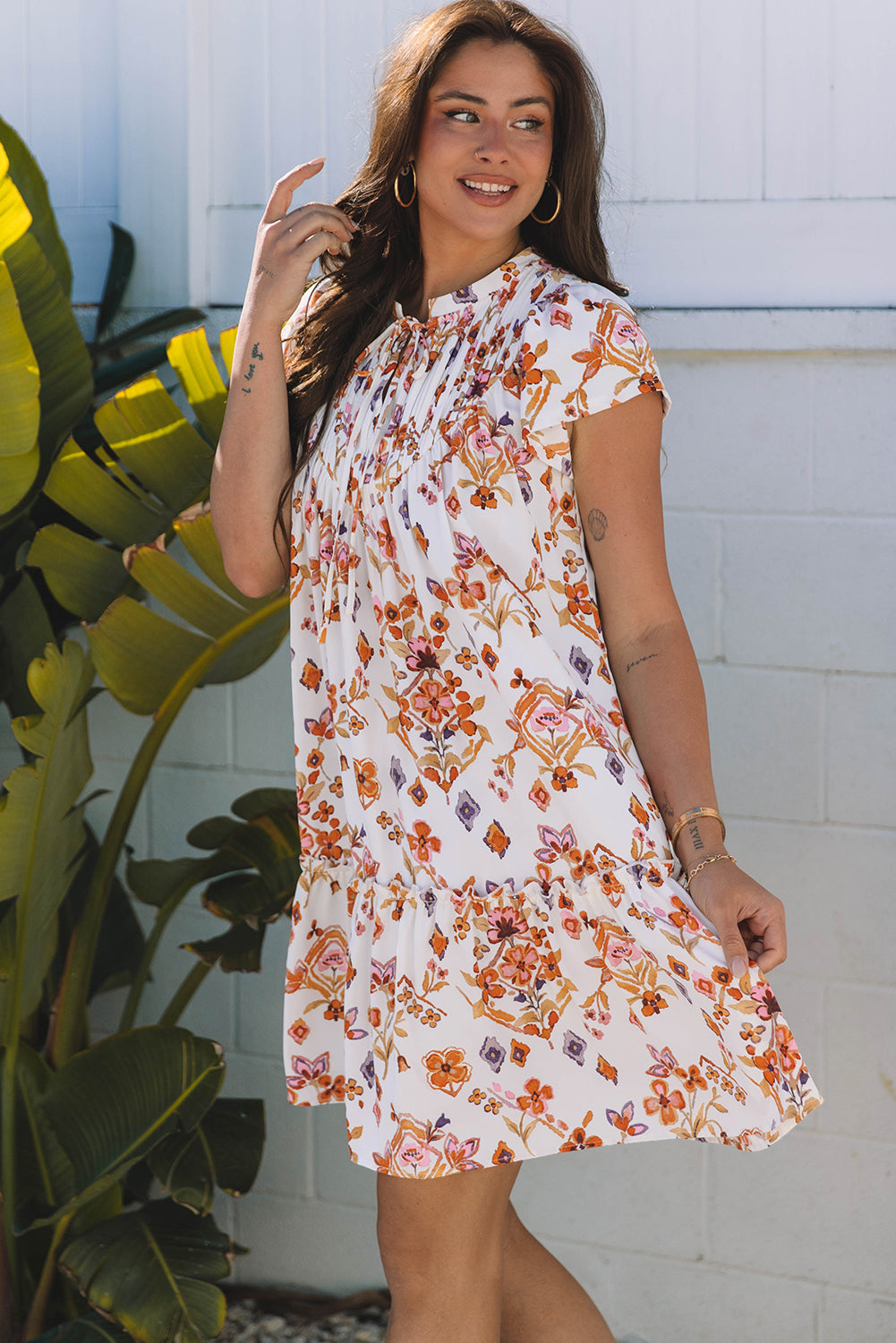 Apricot Floral Geometric Print Ruffled Trim Flutter Sleeve Mini Dress-TOPS / DRESSES-[Adult]-[Female]-2022 Online Blue Zone Planet
