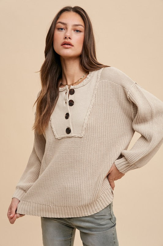 Annie Wear Half Button Ribbed Hem Sweater-TOPS / DRESSES-[Adult]-[Female]-Oatmeal-S-2022 Online Blue Zone Planet