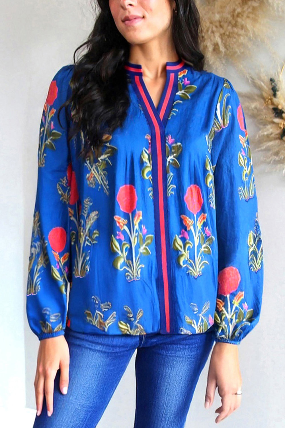 Blue Floral Print Contrast Striped Trim Notched Neck Long Sleeve Blouse-Tops/Blouses & Shirts-[Adult]-[Female]-Blue-S-2022 Online Blue Zone Planet