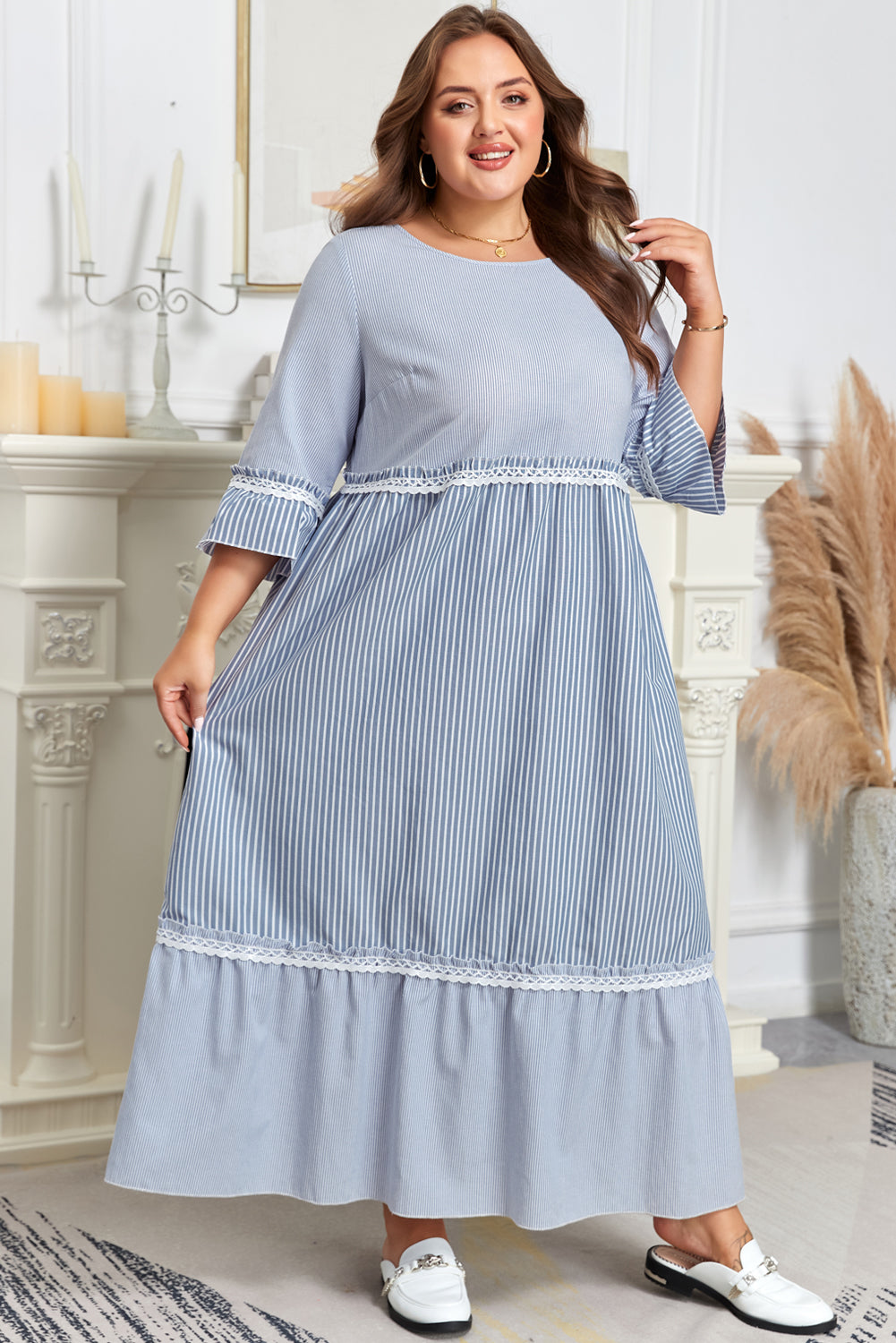Sky Blue Stripe Crisscross Lace Detail Mixed Striped Patchwork Plus Size Shift Long Dress-TOPS / DRESSES-[Adult]-[Female]-2022 Online Blue Zone Planet