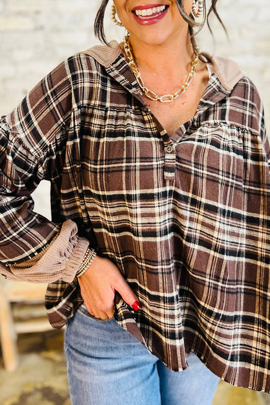 Brown Plaid Patchwork Long Sleeve Button Hooded Blouse-Tops / Dresses-[Adult]-[Female]-Brown-S-2022 Online Blue Zone Planet