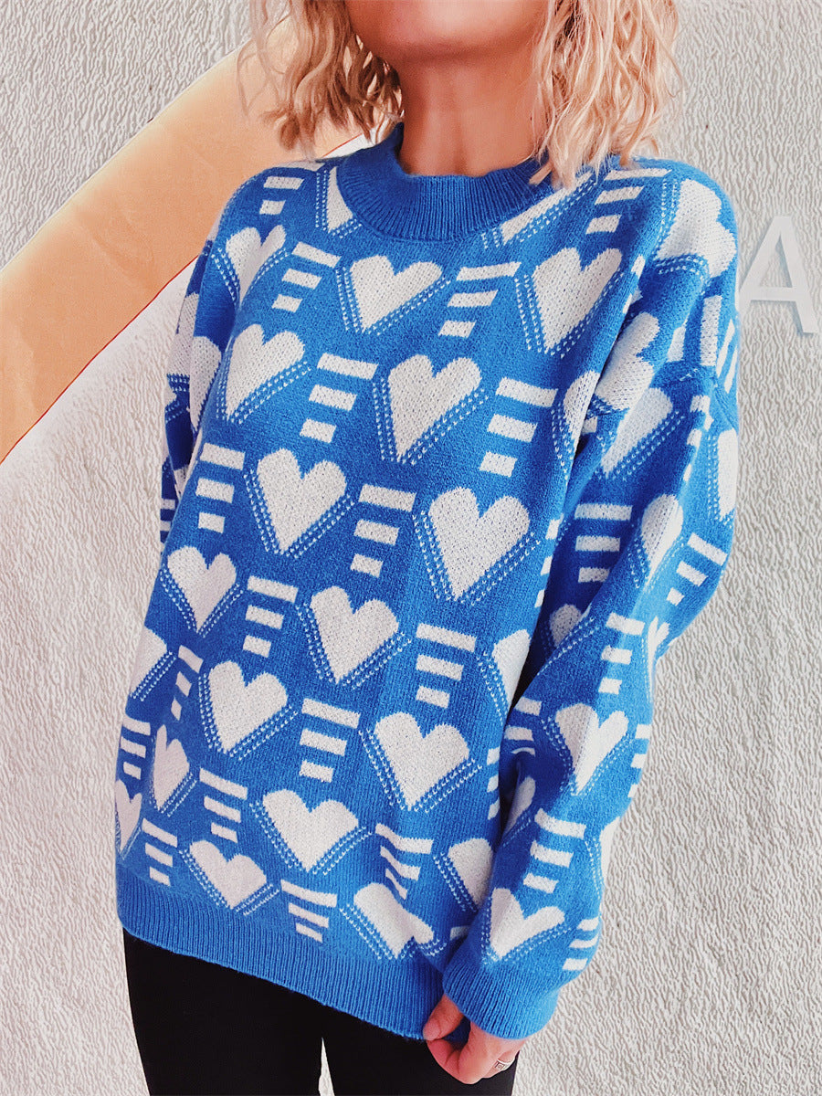 Heart Contrast Long Sleeve Dropped Shoulder Sweater-TOPS / DRESSES-[Adult]-[Female]-2022 Online Blue Zone Planet