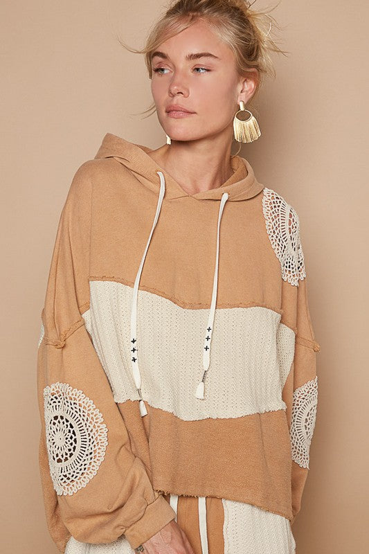 Blue Zone Planet | POL Openwork Contrast Dropped Shoulder Hoodie-TOPS / DRESSES-[Adult]-[Female]-Wheat-S-2022 Online Blue Zone Planet