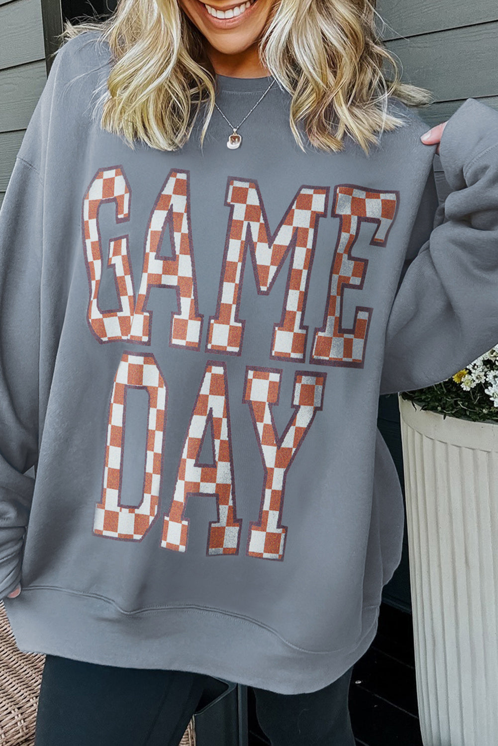 Sleet Game Day Checkered Letter Graphic Oversize Sweatshirt-Tops/Sweatshirts & Hoodies-[Adult]-[Female]-Sleet-S-2022 Online Blue Zone Planet