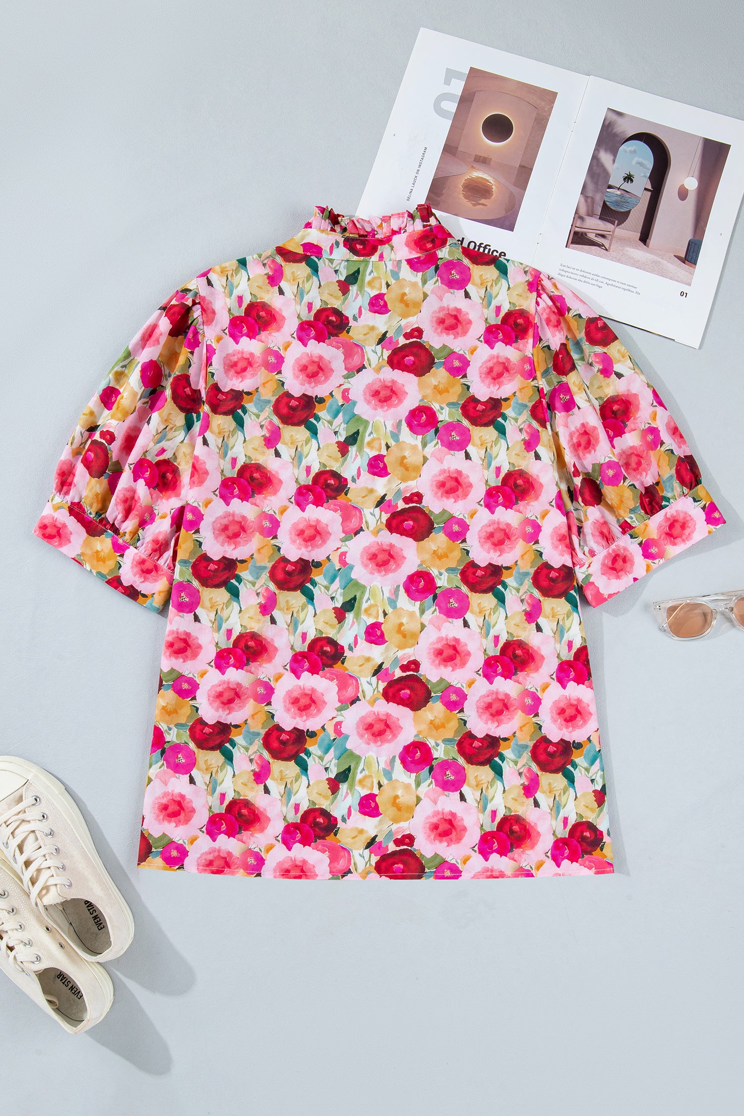 Pink Plus Size Flower Print Split V Neck Puff Short Sleeve Top-Plus Size/Plus Size Tops/Plus Size Blouses & Shirts-[Adult]-[Female]-2022 Online Blue Zone Planet