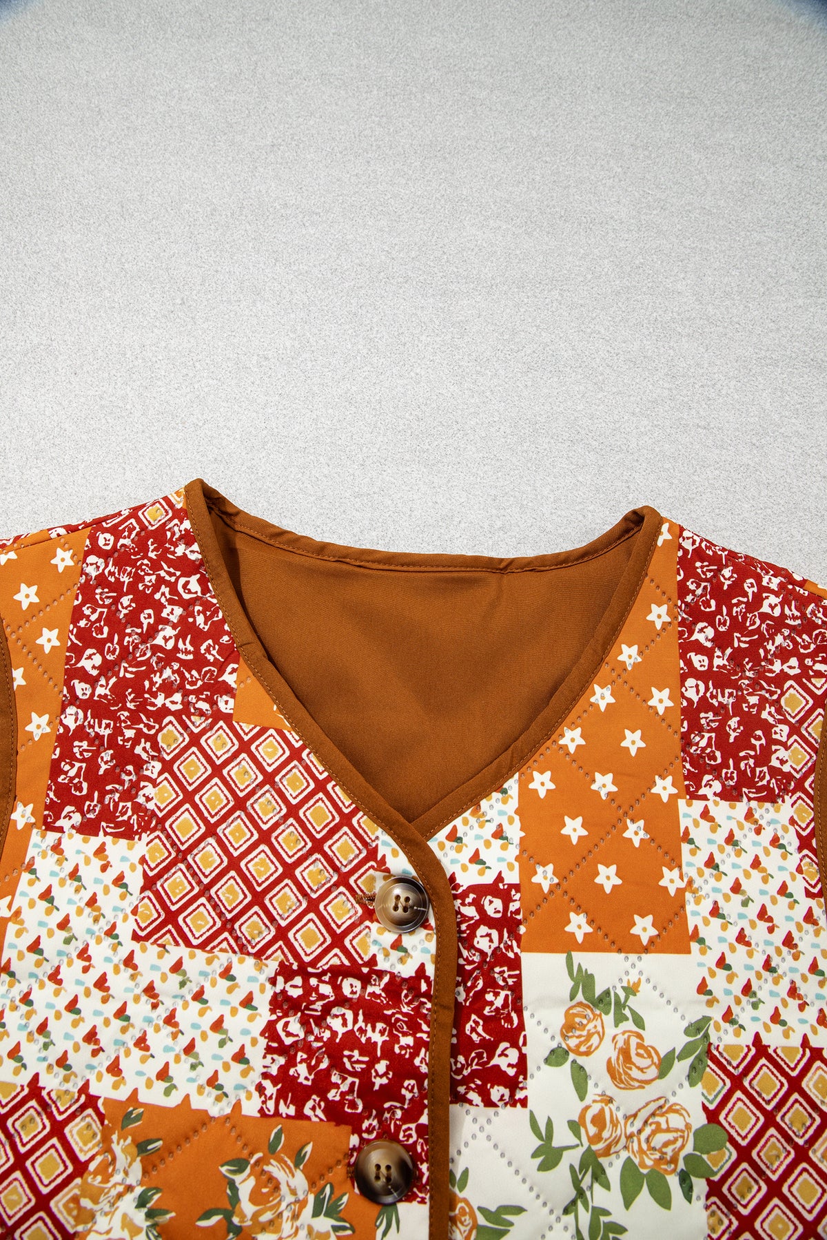 Golden Fleece Quilted Floral Patchwork Contrast Trim V Neck Button Vest-Outerwear/Vests-[Adult]-[Female]-2022 Online Blue Zone Planet