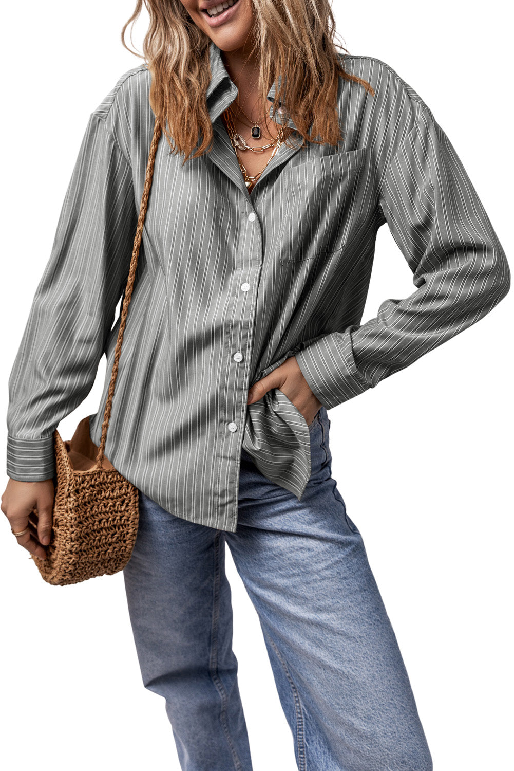 Striped Button Up Long Sleeve Shirt-TOPS / DRESSES-[Adult]-[Female]-2022 Online Blue Zone Planet