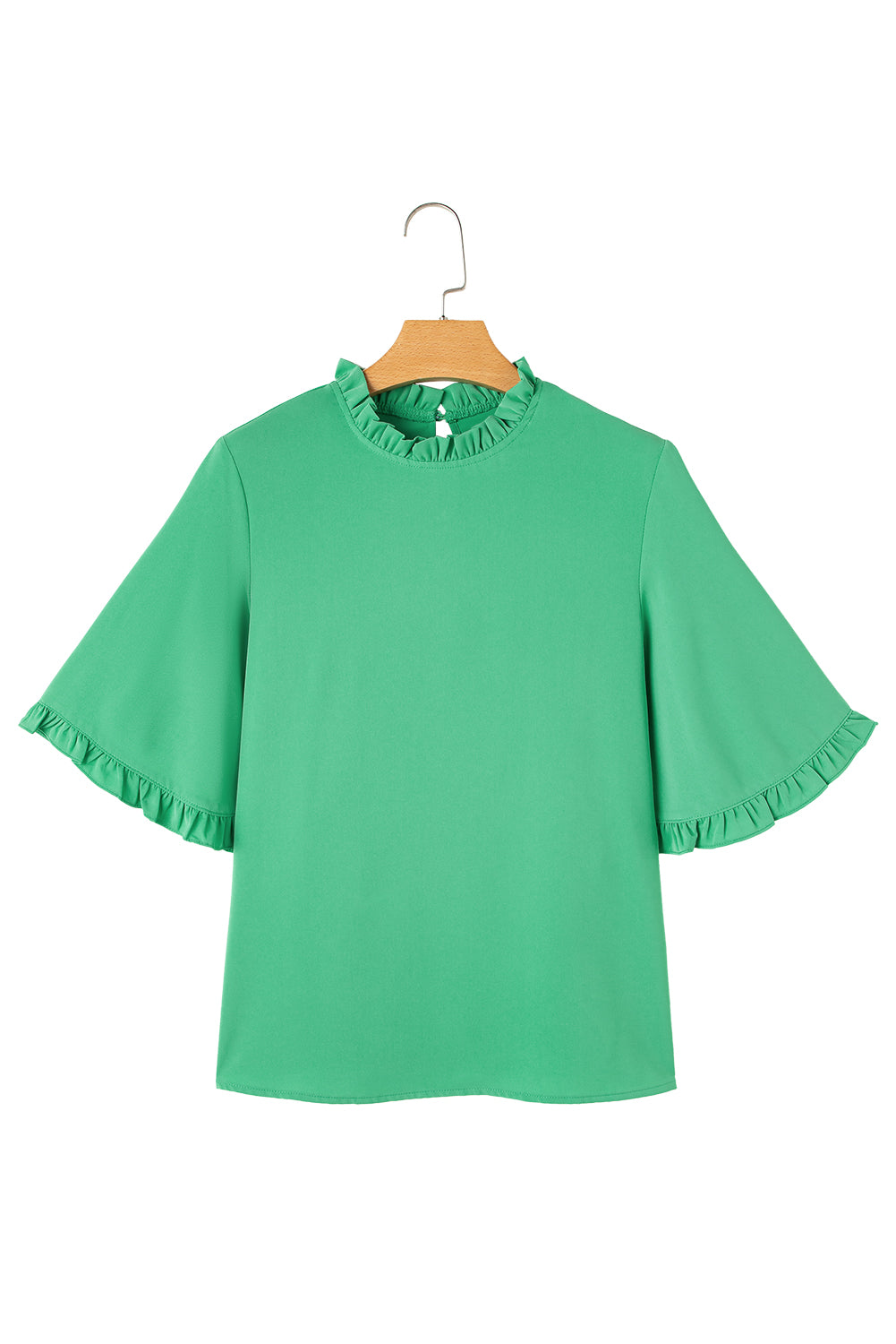 Blue Zone Planet | Green Frilly Round Neck Wide Half Sleeve Blouse-Tops/Blouses & Shirts-[Adult]-[Female]-2022 Online Blue Zone Planet