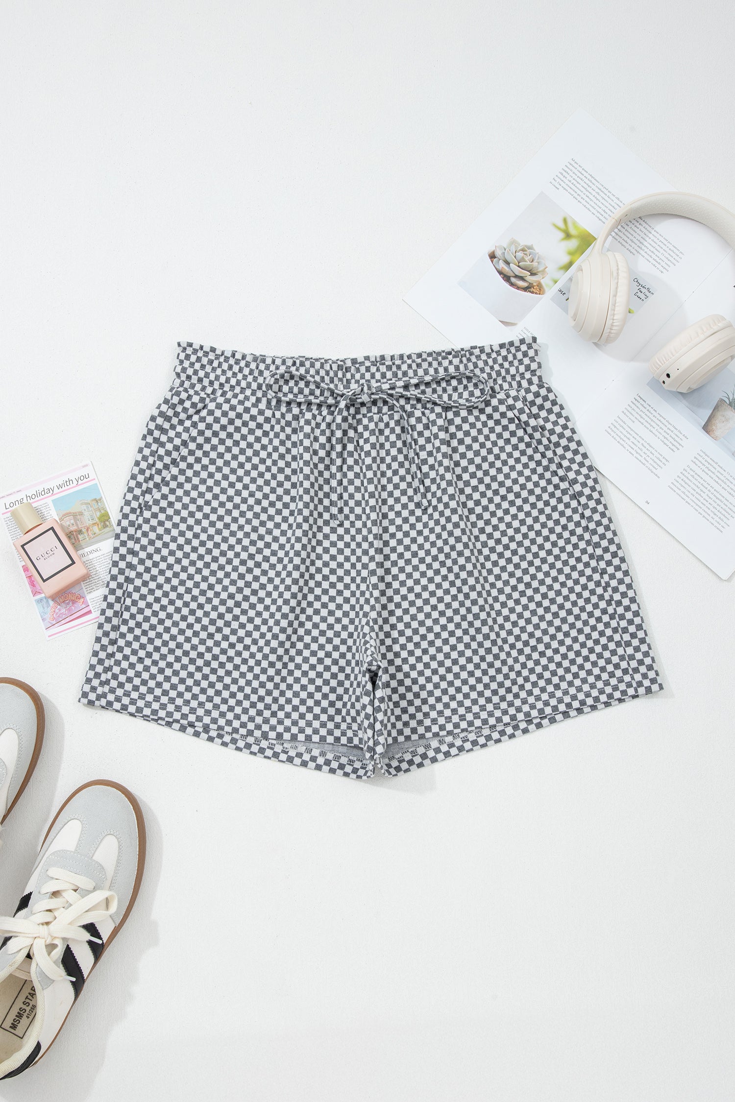 Gray Checkerboard Print Drawstring Elastic Waist Pocketed Shorts-Bottoms/Casual Shorts-[Adult]-[Female]-2022 Online Blue Zone Planet