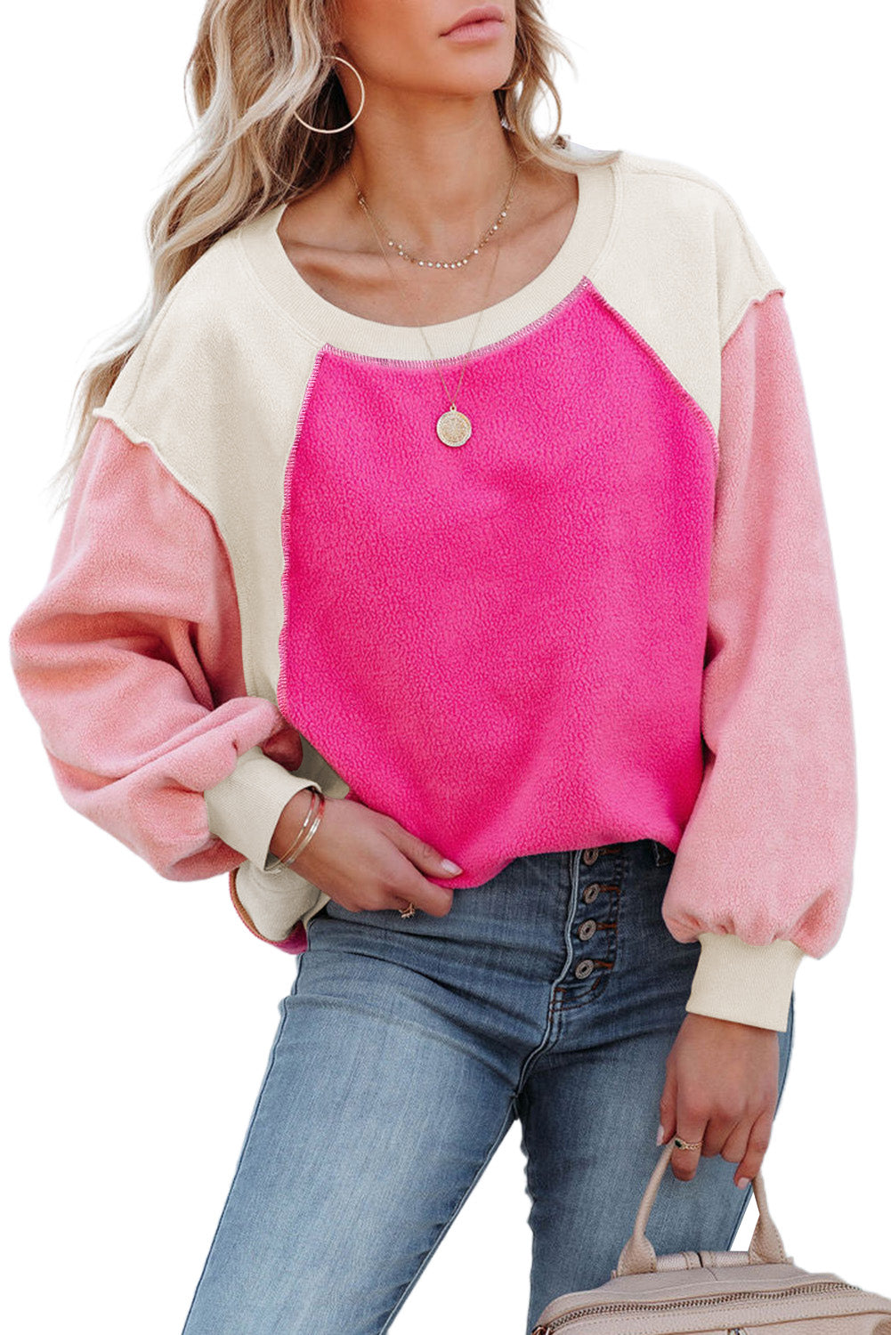 Blue Zone Planet | Rosy Colorblock Patchwork Plush Pullover Sweatshirt-Sweatshirts & Hoodies-[Adult]-[Female]-2022 Online Blue Zone Planet